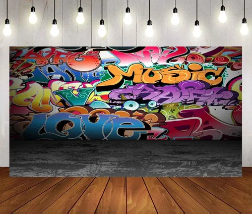 Miniatura 11 de Telones de fondo de fotografía de graffiti de 5 x 3 pies, colorido hip hop urbano temática sesión de fotos de regreso a la fiesta temática