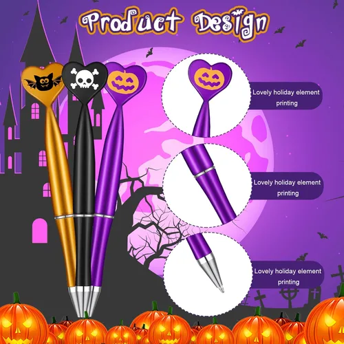 Miniatura 3 de Teling Paquete de 24 bolígrafos de Halloween con forma de calabaza, calavera, murciélago, corazón, 0.039 in, tinta negra, bolígrafos retráctiles
