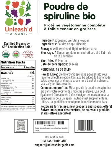 Miniatura 2 de Unleash'd Organic Spirulina en polvo 16 onzas – Superalimento natural 100% puro, alto en proteínas, rico en antioxidantes, vegano, sin OMG, sin