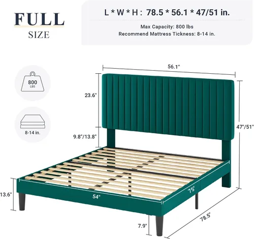 Miniatura 2 de Allewie Base de cama matrimonial, cama de plataforma tapizada de terciopelo con cabecera capitoné de canal vertical ajustable, base de colchón