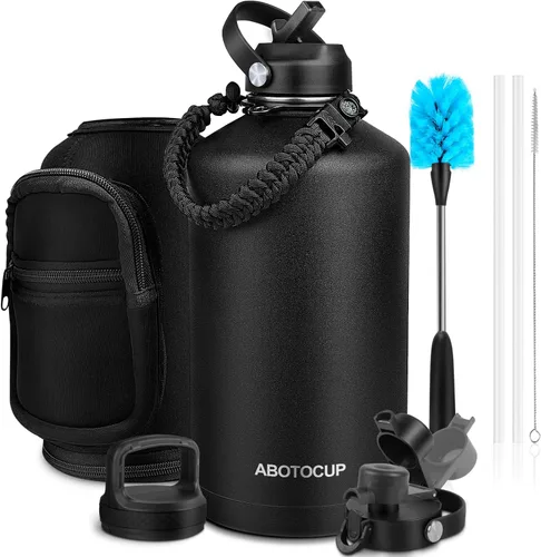 Miniatura 11 de ABOTOCUP Botella de agua de 64 onzas con recubrimiento en polvo, botella de agua aislada de acero inoxidable con tapas de popote y asa de paracord