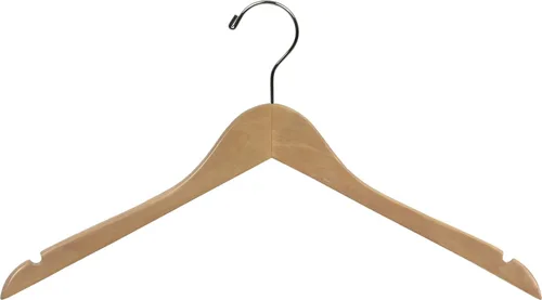 Percha superior de madera, caja de 100 perchas planas de madera de 17 pulgadas que ahorran espacio con acabado natural, gancho giratorio cromado y