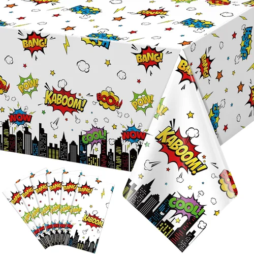 Miniatura 8 de 3 manteles de fiesta de cumpleaños con temática de héroes, mantel rectangular desechable de plástico de paisaje urbano blanco Super Bang para baby