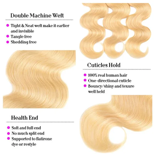 Miniatura 6 de Extensiones de cabello humano 613 rubio, ondulado, grado 12A, sin procesar, cabello humano virgen brasileño 613 para mujeres (1 paquete, 32 pulgadas)