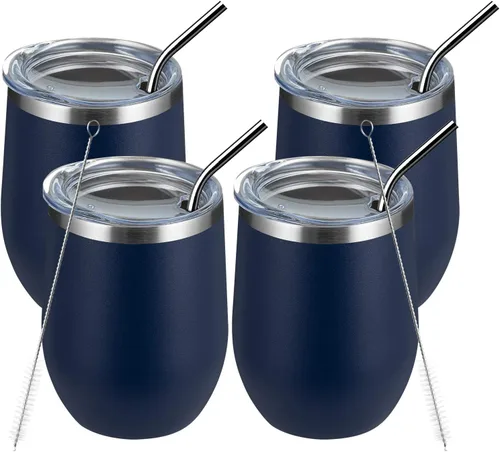 Miniatura 26 de MEWAY Vaso de vino sin tallo de 12 onzas con tapa, vaso de viaje de acero inoxidable con aislamiento de doble pared al vacío con popote, para Negro