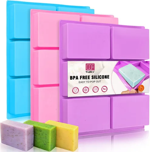 Walfos Juego de 3 moldes de silicona para jabón, 6 cavidades, moldes rectangulares de silicona para jabón casero, pastel, chocolate y bandeja para