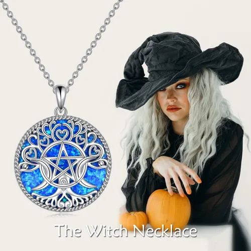 Miniatura 5 de YFN Collar con dije de triple luna y diosa de plata esterlina, pentagrama y ópalo, collar con dije de ópalo pagano, amuleto mágico wiccano, árbol