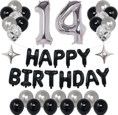 Decoraciones de fiesta de cumpleaños color negro y plateado para niños y niñas, suministros de fiesta de cumpleaños número 14 con pancarta negra de