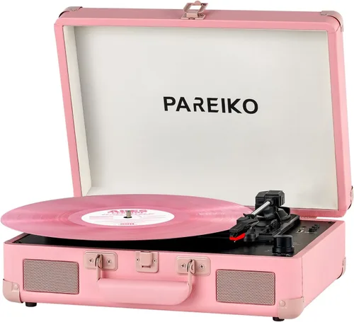 Miniatura 9 de Tocadiscos portátil con plato giratorio de 3 velocidades, conectividad Bluetooth, batería incorporada de 1800 mAh, diseño retro de maleta