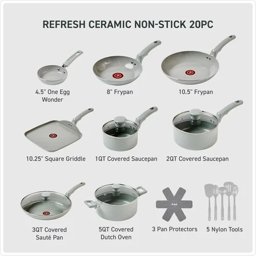 Miniatura 2 de T-Fal Refresh - Juego de ollas y sartenes de cerámica, juego de utensilios de cocina antiadherentes, 20 piezas, olla, plancha, sartenes, utensilios