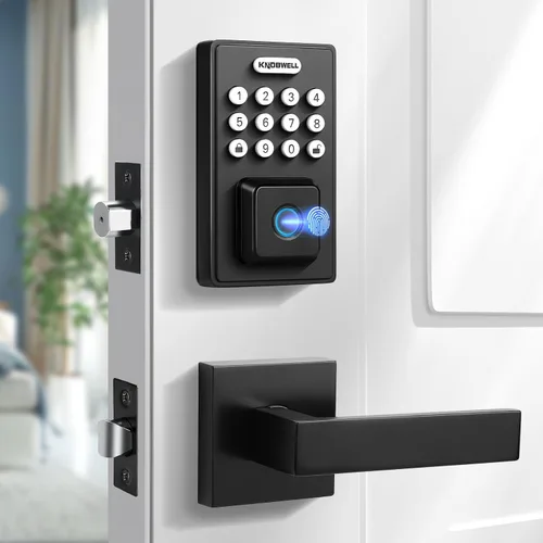 KNOBWELL Cerradura de puerta inteligente de huellas dactilares con manija de palanca, entrada sin llave, teclado biométrico, cerradura de cerrojo