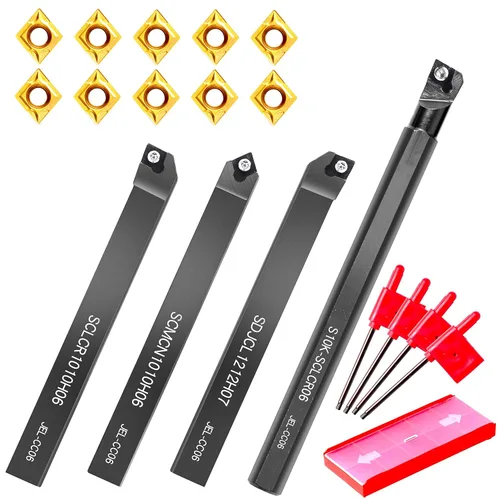 Miniatura 9 de Juego de brocas para torno - Herramientas de corte para torno de metal 4 piezas con mango de 1/2" portaherramientas girables barras de aburrimiento