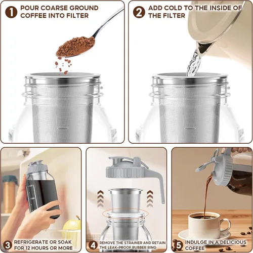 Miniatura 4 de Paquete de 2 tarros de café frío de 64 onzas, máquina de café frío de vidrio grueso con asa, filtro de acero inoxidable y tapa a prueba de fugas