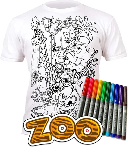 Miniatura 4 de Splat Planet Colorea en animales del zoológico, camiseta Jungle Safari con 10 bolígrafos mágicos lavables no tóxicos y lavables, Blanco