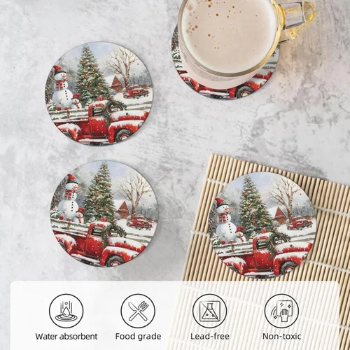 Miniatura 5 de Juego de 4 posavasos de cerámica absorbentes de nieve con diseño de cardenal de Navidad para el invierno, juego de 4 posavasos redondos para mesa
