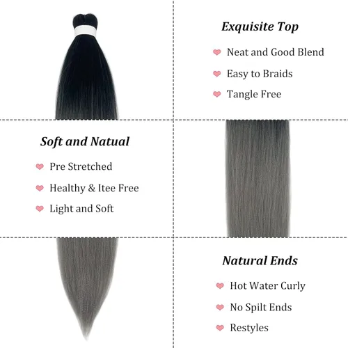 Miniatura 3 de Cabello trenzado gris degradado preestirado Kanekalo gris trenzado preestirado degradado de 26 pulgadas, extensiones de cabello sintético