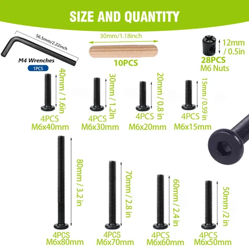 Miniatura 2 de Crib Screws Hardware Replacement Kit - M6x15/20/30/40/50/60/70/80 mm Hex Drive Socket Cap Screws Barrel Nuts,71pcs 8 Size Crib Bolts &Barrel Nuts