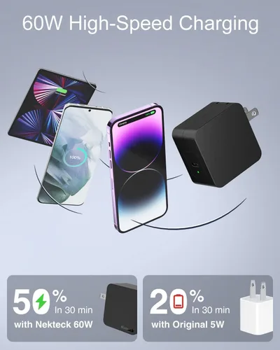 Miniatura 3 de Cargador USB C de 60 W de carga rápida, Nekteck GaN Tech PD 3.0 de carga rápida con enchufe plegable, compatible con MacBook Air/Pro, iPhone