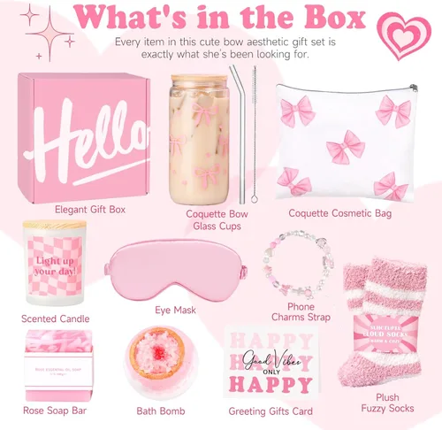 Miniatura 3 de Cestas de regalo para mujeres, 9 piezas de regalos de cumpleaños para niñas adolescentes, mejor caja de ideas de Navidad con estética de lazo Rosa