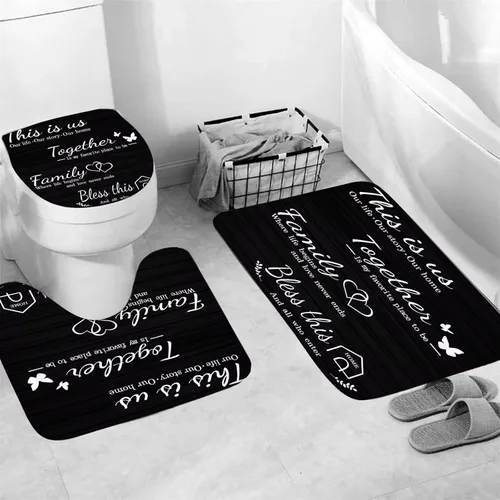 Miniatura 3 de Juego de cortinas de ducha familiares AZHM Negro para baño con cortina de ducha y alfombras y accesorios Decoración de baño con cortina y 12 ganchos
