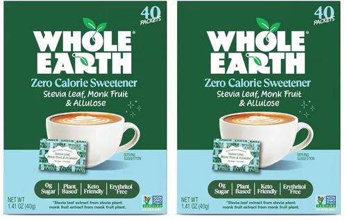 Whole Earth Stevia, fruta del monje y alulosa, 40 unidades, sustituto de azúcar sin calorías, apto para ceto, sin OMG, sin eritritol, sin eritritol,