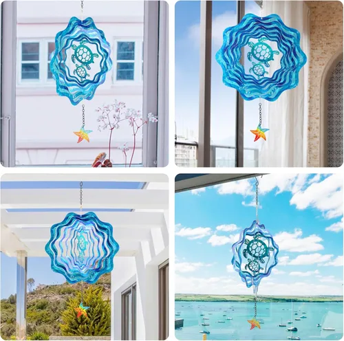 Miniatura 6 de Molinillos de viento colgantes de tortuga marina – 12 pulgadas 3D cinético al aire libre grande de metal giratorio de viento azul con patrón de onda