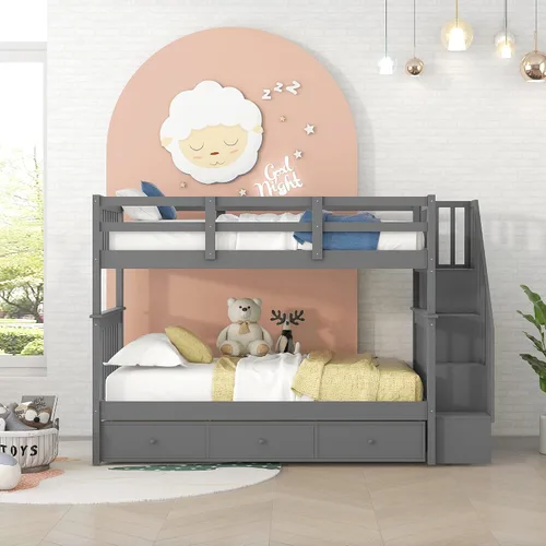 Miniatura 3 de Literas de tamaño matrimonial con cajones y escaleras, marco de cama de madera con almacenamiento para niños, adolescentes y adultos, desmontable