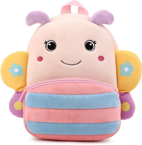 Mochila pequeña para niños y niñas, linda mochila pequeña de dibujos animados de animales de felpa suave para niños de 2 a 6 años, Mariposa-h Rosa,