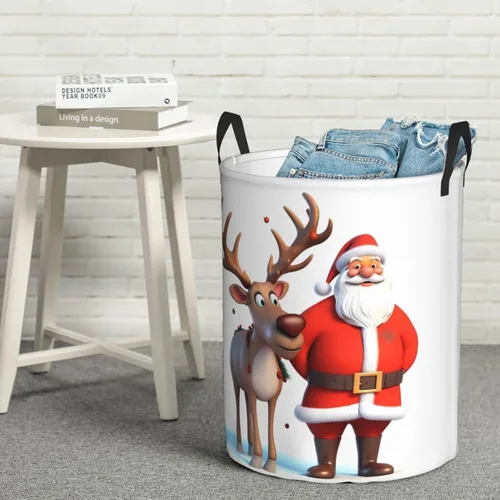 Miniatura 8 de Cesta circular con estampado de ciervos de Sant Claus, impermeable, cesta organizadora de lavandería, con asas, para ropa, juguetes, pequeña