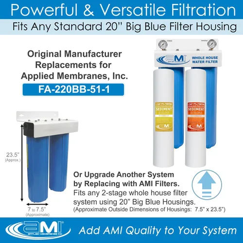 Miniatura 2 de Applied Membranes Inc. Sistema de filtro de agua de 2 etapas para toda la casa, filtros de 1 micrón y 5 micrones de 4.5 pulgadas por 20 pulgadas