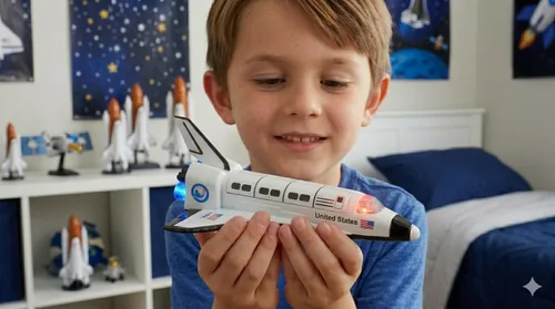 Miniatura 5 de Transbordador espacial fundido a troquel (6 pulgadas) con luces, sonido y movimiento de retroceso (paquete de 1) funciona con pilas, nave espacial