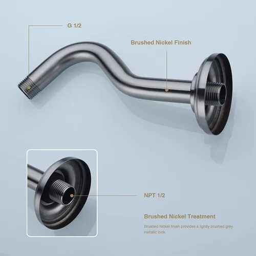Miniatura 4 de Brazo de ducha curvado en forma de S de 8 pulgadas con brida, brazo de tubo de extensión de cabezal de ducha de acero inoxidable, montaje en pared