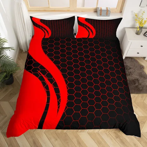 Miniatura 10 de Juego de ropa de cama de panal hexagonal para niños, niñas, adolescentes, funda de edredón geométrica transpirable, colmena geométrica roja y negra