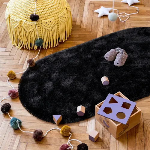 Miniatura 5 de Goideal - Alfombra esponjosa de dormitorio, alfombra pequeña ovalada, alfombra negra peluda para mesita de noche, ideal para habitación infantil