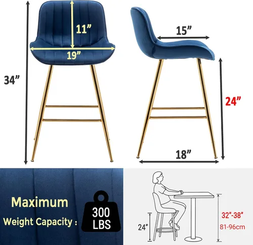 Miniatura 3 de Sidanli Blue - Juego de 2 taburetes de bar de terciopelo de 24 pulgadas con reposapiés, sillas de bar modernas para el hogar, isla de cocina, comedor