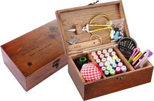 Miniatura 7 de Kit de costura, caja de madera para adultos, cesta de costura de madera con accesorios, kit de reparación de costura para principiantes, mujeres