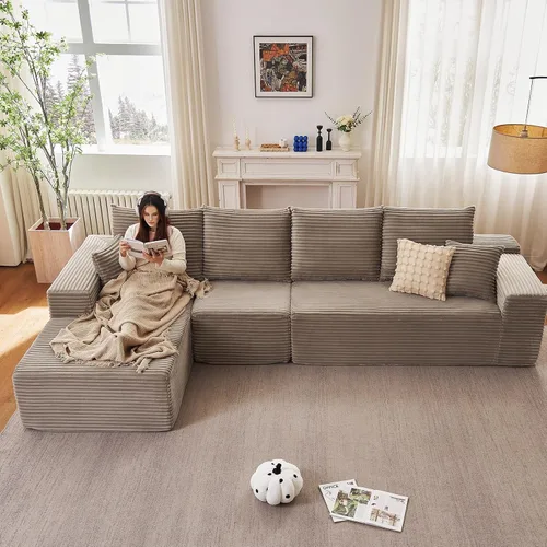 Miniatura 24 de Sofá seccional modular de 96", sofá en forma de L tipo nube sin estructura con chaise lounge, tapizado de pana con asiento profundo de espuma Negro