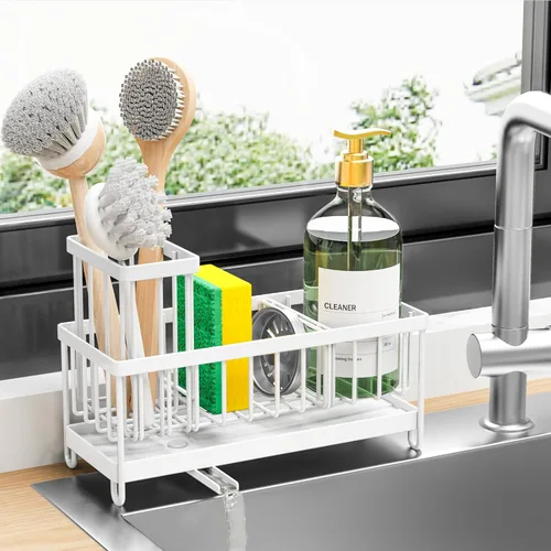 Miniatura 24 de Cisily Soporte de esponja negro extra grande para fregadero de cocina, organizador de fregadero con soporte alto para cepillos, organizadores