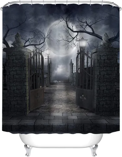 Miniatura 8 de Cortina de ducha de Halloween para baño, noche aterradora, patio, puerta, luna espeluznante, árbol muerto, lámpara de calle, poliester, impermeable