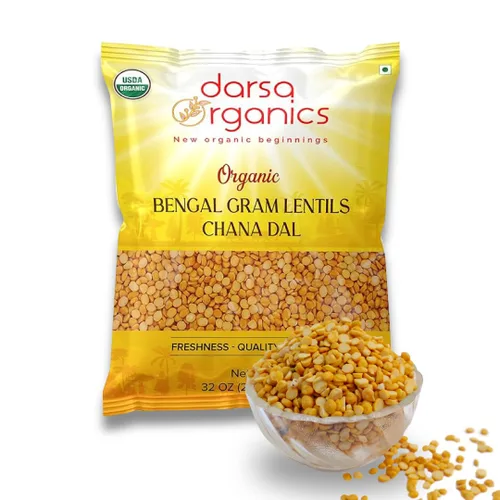 Darsa Organics Chana Dal 2 lb – Gramo orgánico de Bengala partida USDA (garbanzos amarillos), sin OMG, sin productos químicos, lentejas amarillas