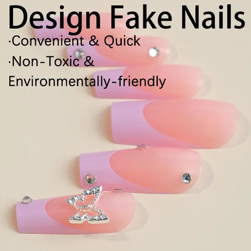 Miniatura 3 de Puntas de Uñas Francesas Rosadas Bailarina Uñas Postizas Largas Cuadradas de Presión Cobertura Completa Uñas Postizas Acrílicas de Mariposa