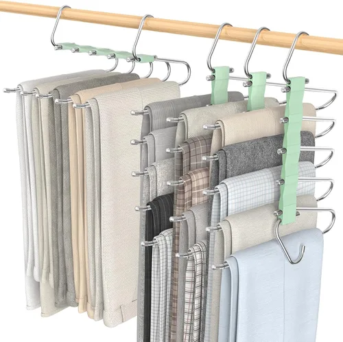 Miniatura 11 de Loretoy Paquete de 4 perchas para pantalones que ahorran espacio, estante multifuncional antideslizante para pantalones, tubo de acero inoxidable