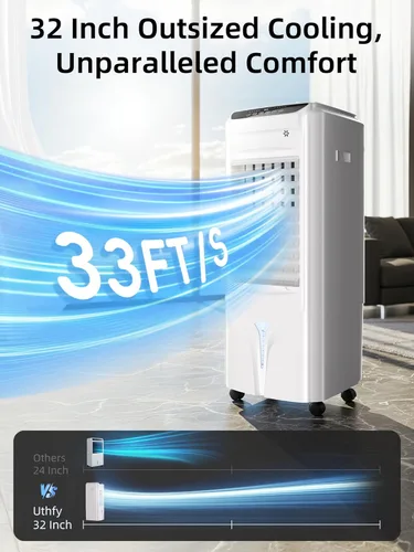 Miniatura 3 de Uthfy Enfriador de aire evaporativo de 32 pulgadas con 4 paquetes de hielo, 4 modos y 3 velocidades, enfriador de pantano con tanque de agua de 4.2