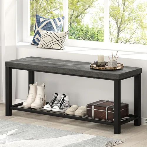 Miniatura 13 de EXCEFUR Banco de entrada industrial, banco rústico de almacenamiento de botas para interiores con asiento para sala de estar, gris