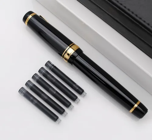 Miniatura 9 de Pluma estilográfica grande de metal, plumilla mediana de 0,7 mm, incluye convertidor de tinta y 5 cartuchos, acabado brillante pintado al piano Negro