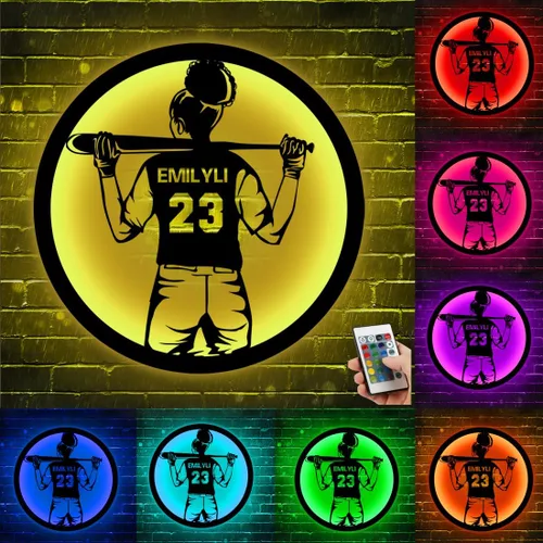 Miniatura 27 de Arte de Pared de Metal Personalizado de Béisbol con Bandera de EE.UU. con Luz LED, Letrero Personalizado con Nombre de Jugador de Sóftbol Americano