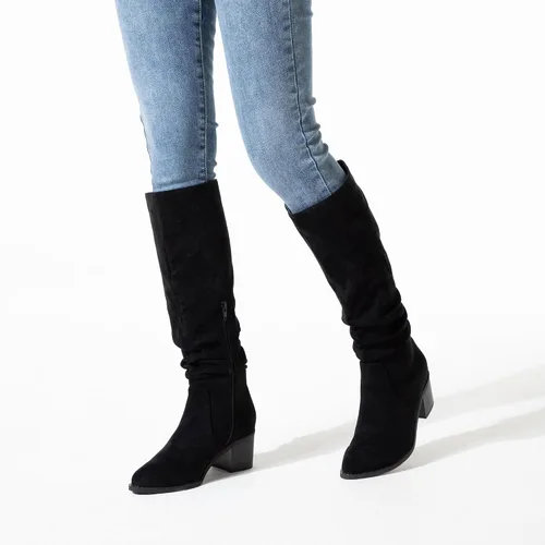 Miniatura 6 de Athlefit Botas de tacón alto y grueso para mujer, botas de gamuza sintética con puntera puntiaguda y cremallera lateral