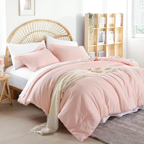 Miniatura 5 de weigelia Juego de edredón tamaño King de 7 piezas, juego de edredón rosa rubor, suave y esponjoso, cama en una bolsa King, juego de ropa de cama