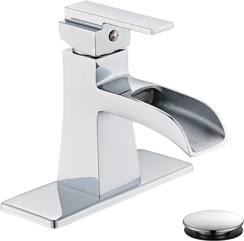 Miniatura 10 de Grifo de baño de cascada de níquel cepillado, grifo de lavabo de baño de una sola manija con desagüe pop-up y placa de cubierta para 1 o 3 orificios