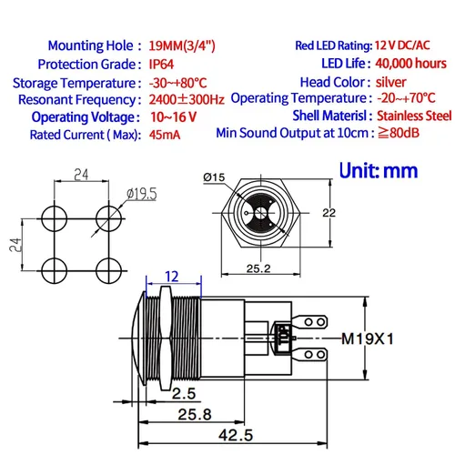 Miniatura 2 de Luz LED Roja Zumbador 12V 19mm Luz de Alarma Indicador Lámpara de Señal Piloto de Acero Inoxidable 0.75" Agujero de Montaje con Sonido de 85dB